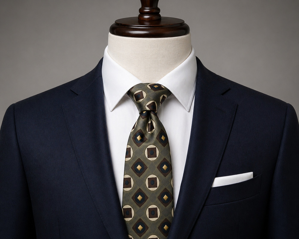 Colours Alexander Julian Silk Tie Olive Green Geometric Squares USA Made